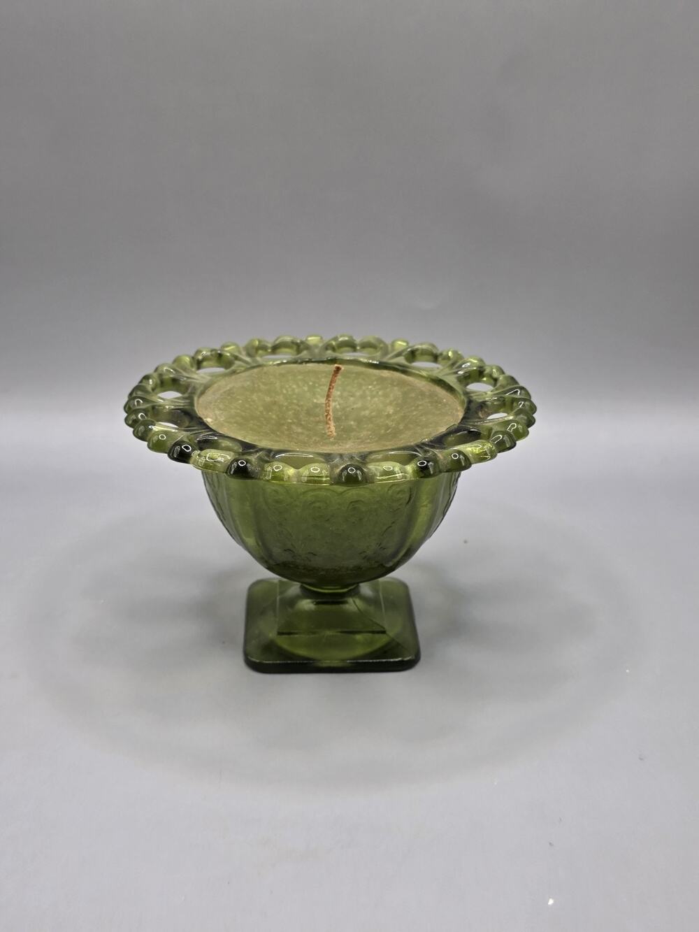 Vintage Indiana Glass Olive Green Tiara Sandwich Lace Footed Compote Candle